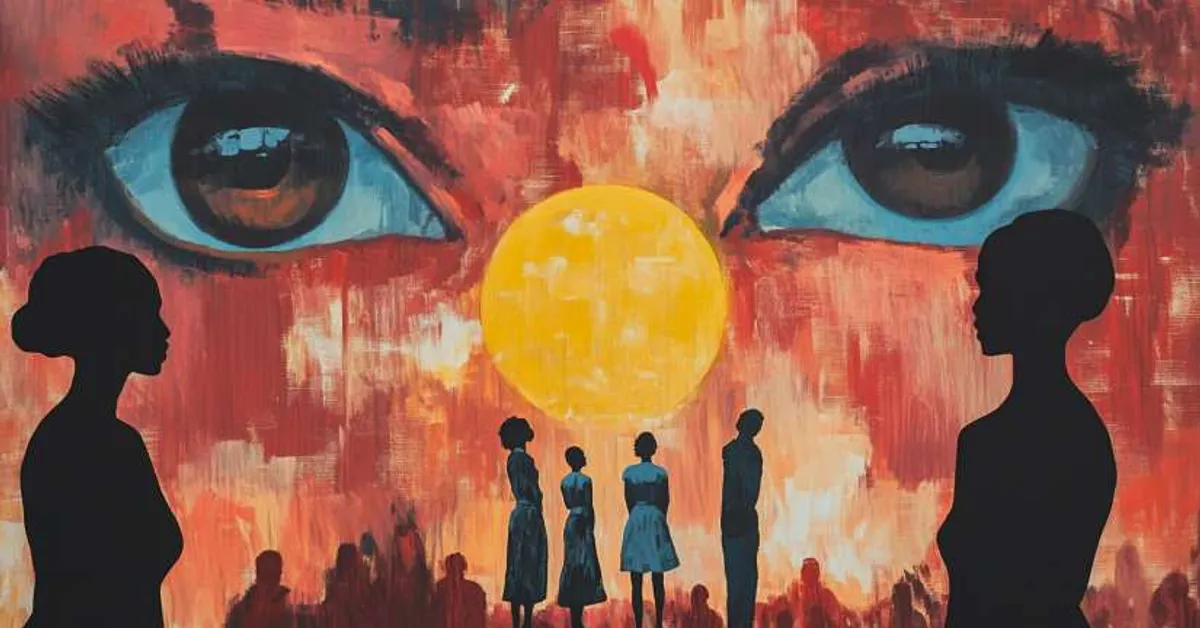 silhouetted figures beneath large painted eyes and a sun for Things Fall Apart Quote Identification