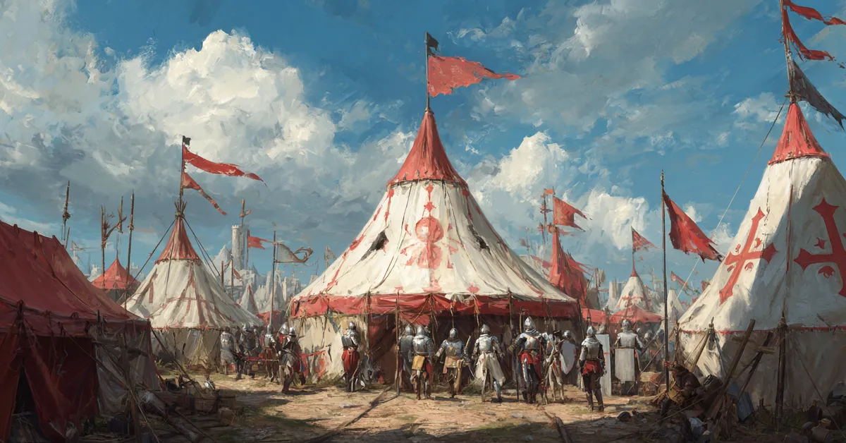 A rebel camp filled with tents shields and raised banners with armored men preparing for conflict connecting to the rising rebellion in Henry IV Part 2 Act 4 Scene 1