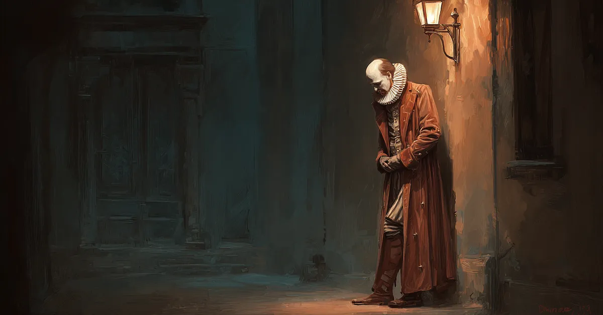 A reflective prince standing by a lamppost in a dim corridor echoing the introspective mood of Hamlet Act 3 Scene 1