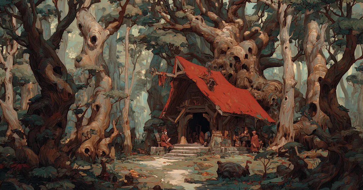 A remote forest hut surrounded by thick trees where figures whisper together anchoring Titus Andronicus Act 4