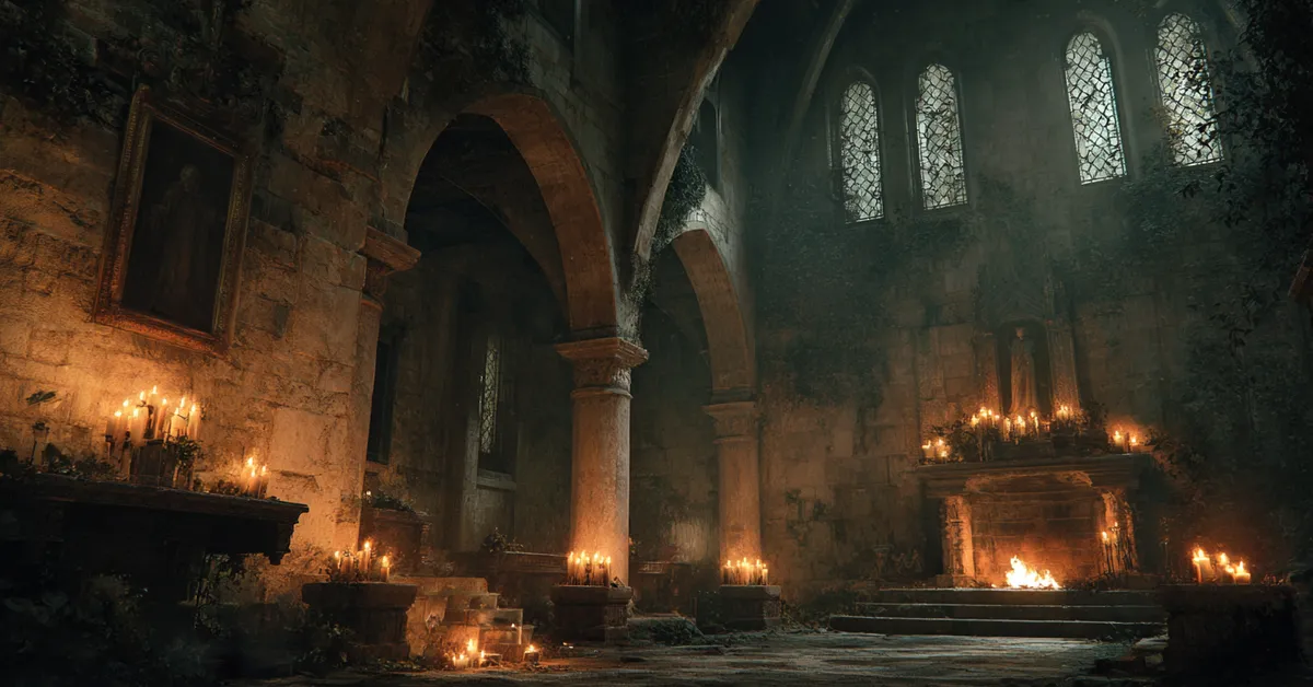 A moody castle interior with flickering torches along stone walls visually suggesting a dramatic Richard II scene