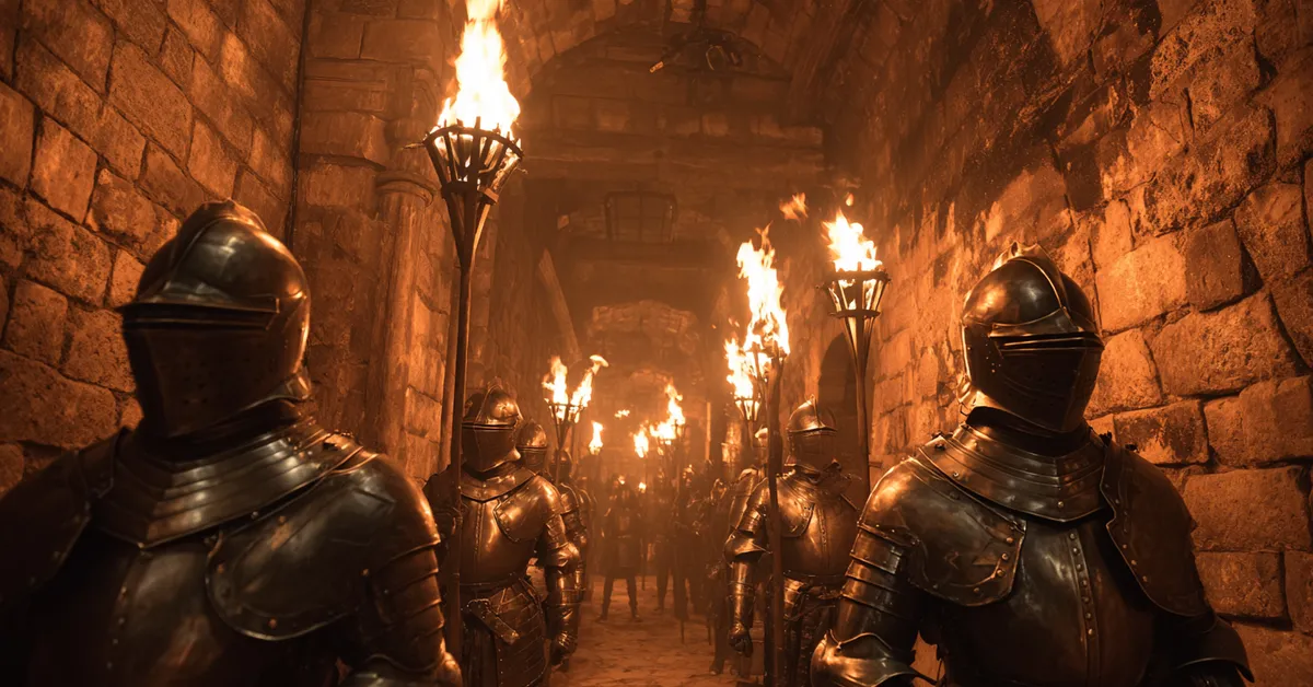 A torchlit castle corridor with armored guards lining the stone walls creating a dramatic backdrop for a general Richard III Scene