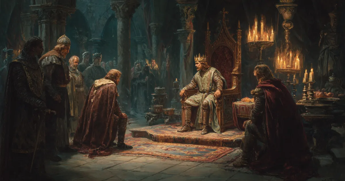 A richly lit chamber where a crowned king speaks privately with close advisors capturing Richard III Act 4 Scene 2