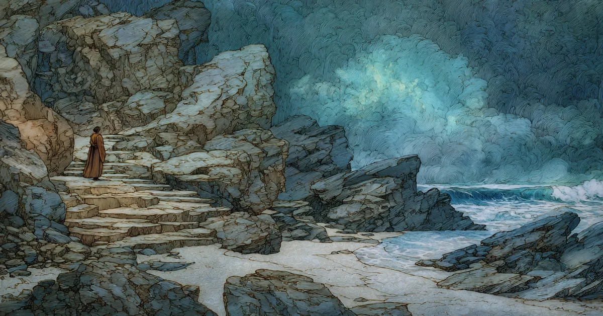 A rocky coast glowing with faint magical light under a cloudy sky hinting at the wonder of The Tempest Act 3