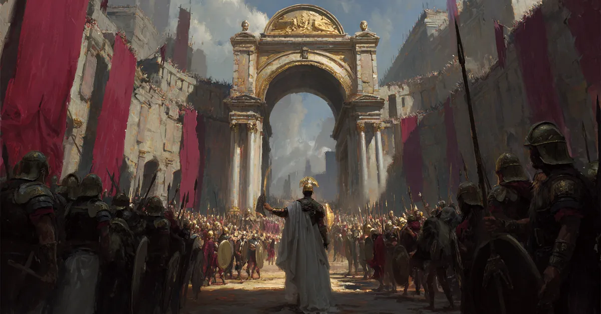 A Roman archway where a returning general stands before cheering soldiers introducing Titus Andronicus Act 1 Scene 1