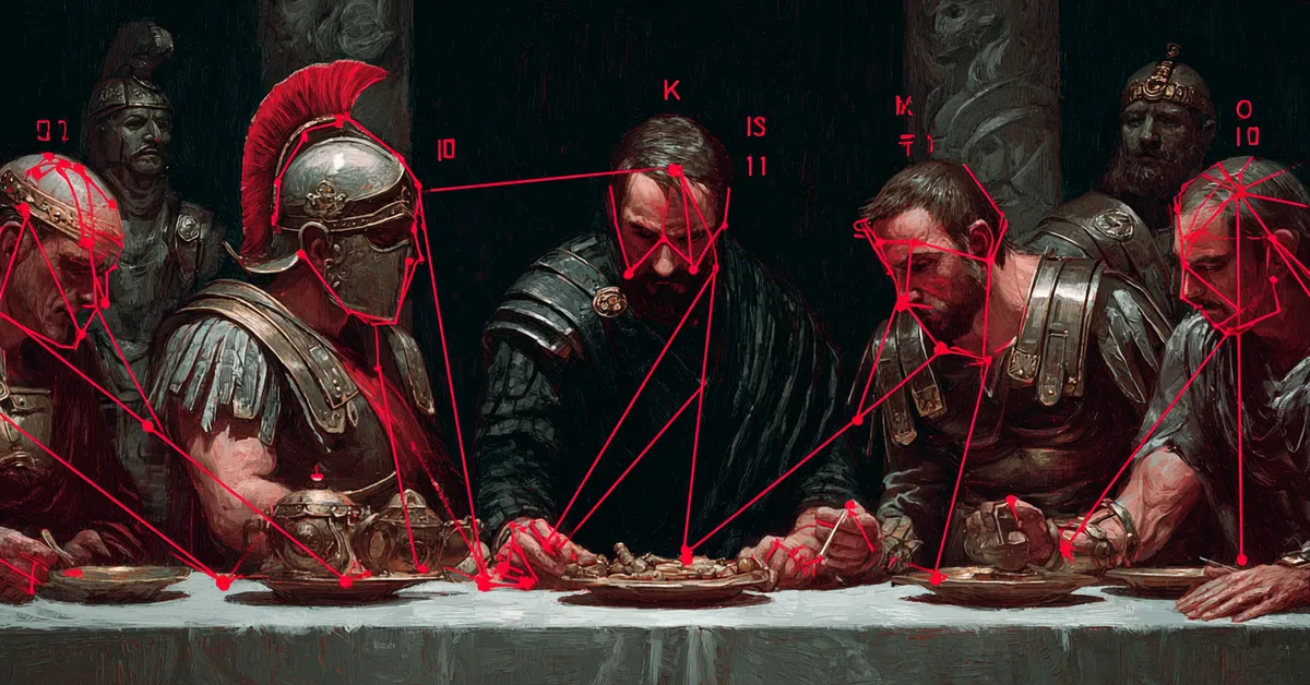 Character cards depicting Roman figures arranged on a table linking to the identification tasks in the character matching quiz