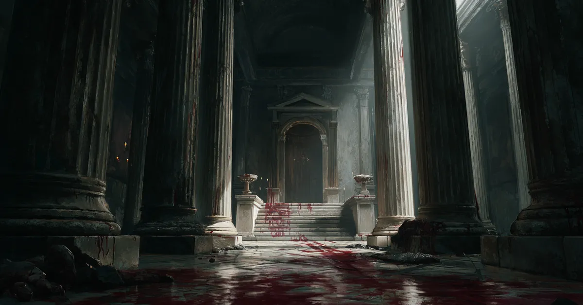 A Roman courtyard cast in dark shadows with tall pillars framing a tense atmosphere fitting a dramatic Titus Andronicus scene