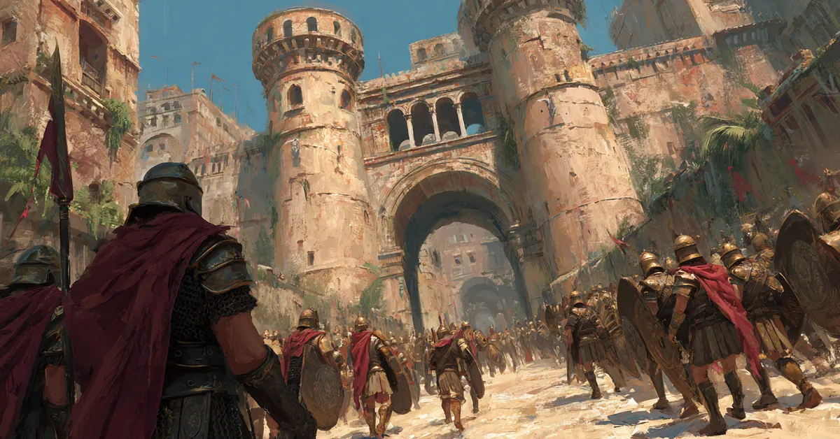 A Roman general entering a fortified city with armored guards connecting to the opening events tested in the Act 1 quiz