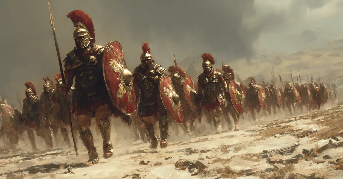 Roman troops marching across rugged ground with shields raised echoing the shifting alliances in the Act 4 quiz