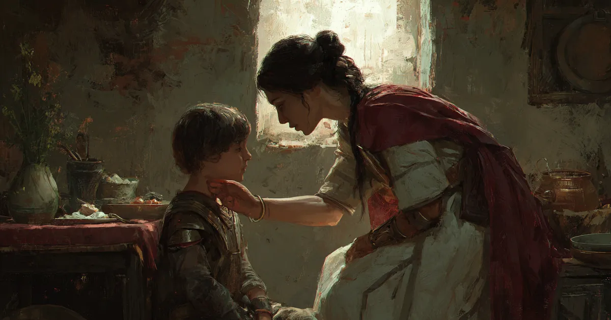 A Roman mother speaking earnestly to her son in a modest home connecting to the family dynamics in Act 1 Scene 3