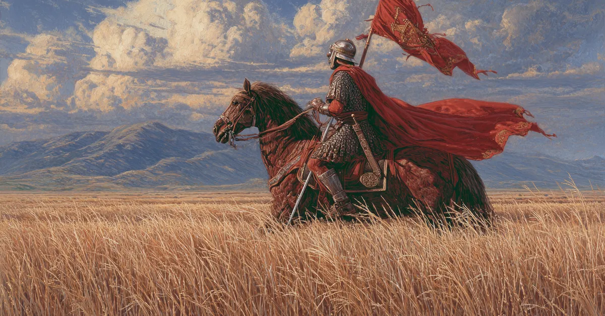 A Roman rider crossing an open field carrying a standard tying to The Tragedy Of Julius Caesar Act 5 Scene 2