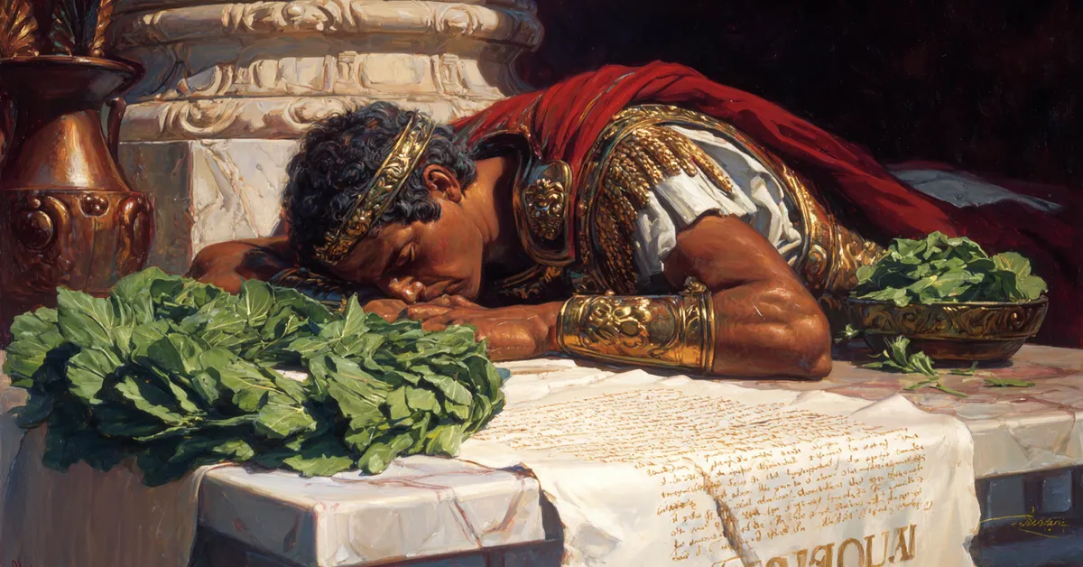 A Roman scroll resting on a marble table beside a laurel wreath clearly tying the image to The Tragedy Of Julius Caesar