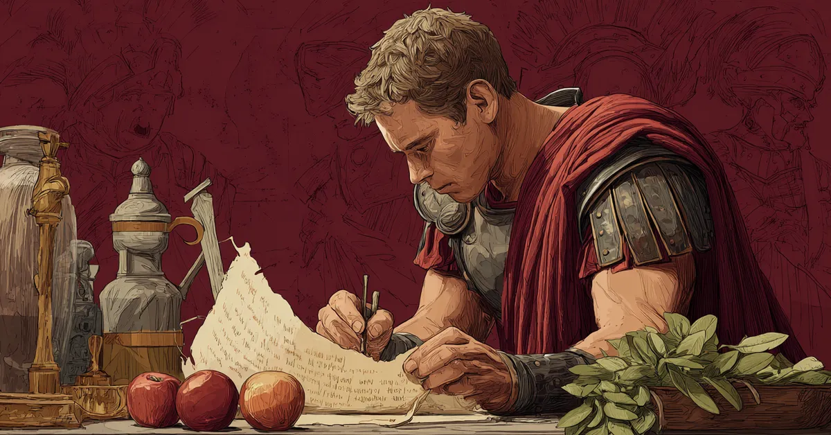 A Roman soldier studying an unfurled scroll with a laurel wreath beside it hinting at the full story explored in the Coriolanus quiz