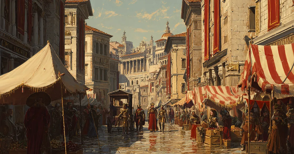 A Roman street at dawn with vendors setting up stalls and guards on patrol reflecting the shifting public mood in The Tragedy Of Julius Caesar Act 2