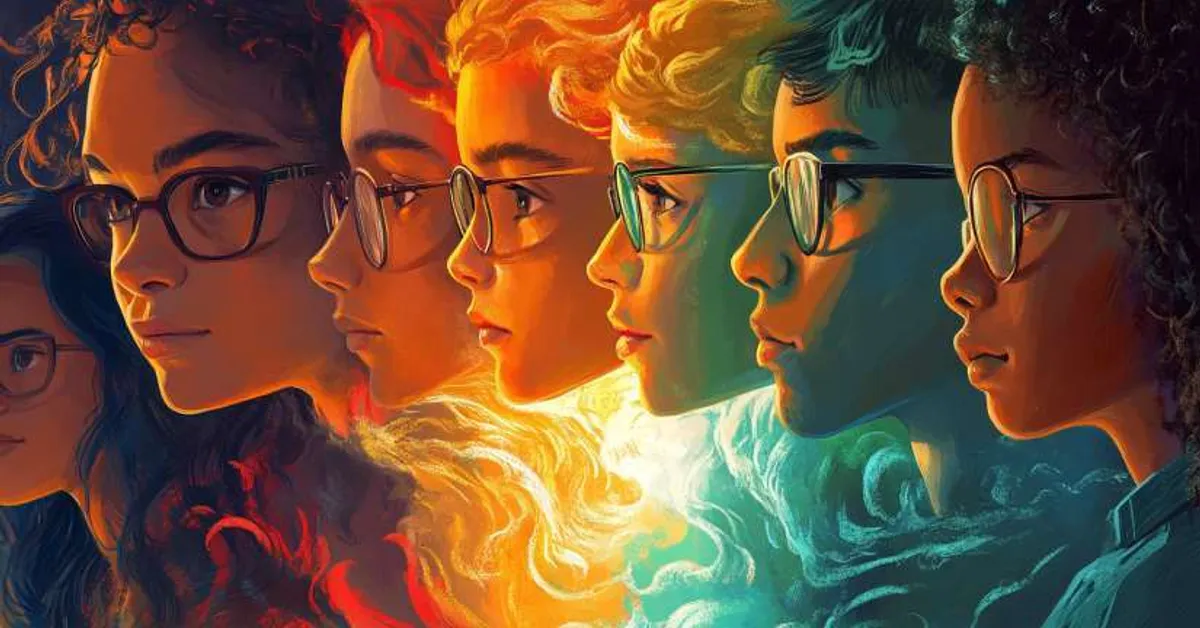 A lineup of faces in bright colors with glasses reflecting identity and unity from A Wrinkle In Time Character Matching Quiz.