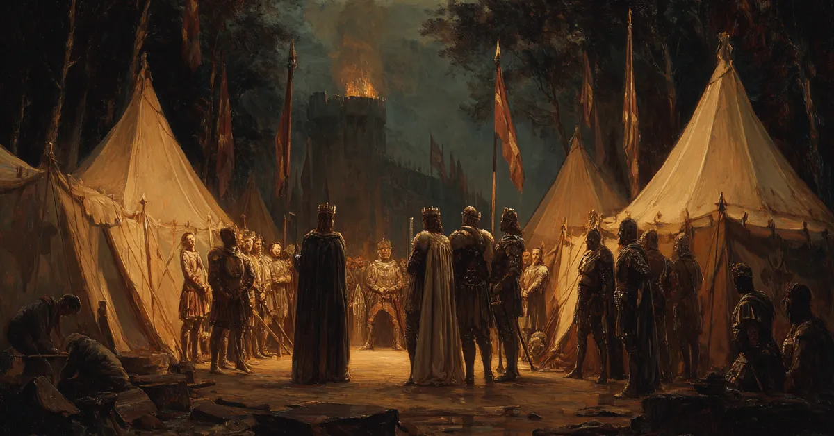 A royal camp where King Duncan stands among attendants anchoring the recognition of Macbeth�s valor in Macbeth Act 1 Scene 4