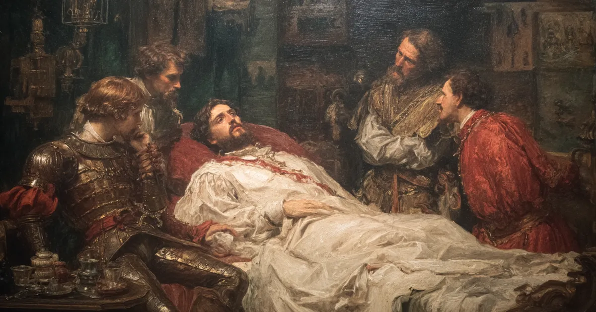 A royal chamber where the king reclines in visible distress with attendants hovering nearby conveying the crisis in King John Act 5 Scene 5