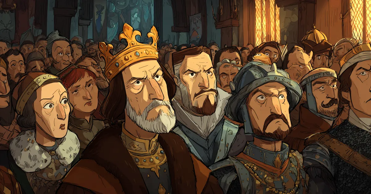 A royal chamber crowded with suspicious courtiers whose wary expressions turn toward one speaker showing Richard III Act 1 Scene 3