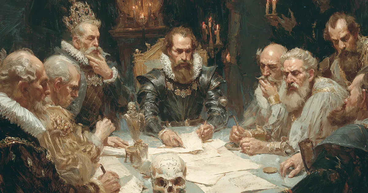 A royal council table with scrolls and ink where advisors whisper referencing rising political tension in Hamlet Act 2 Scene 1