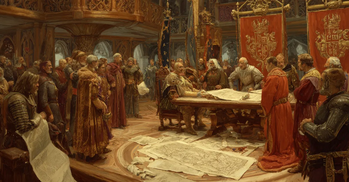 A royal council chamber filled with scrolls maps and advisors standing in discussion anchoring the opening political tension of Henry V Act 1