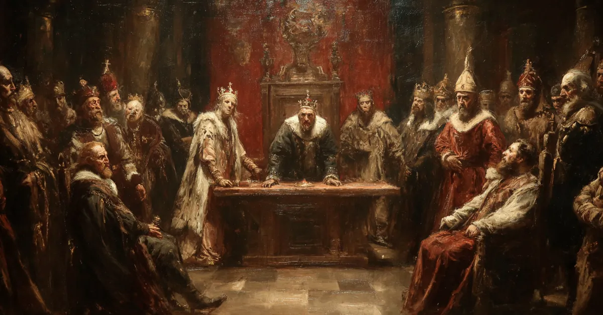 A royal court where accusing nobles stand before the throne with tense expressions reflecting the political conflict in Henry VI Part 2 Act 1