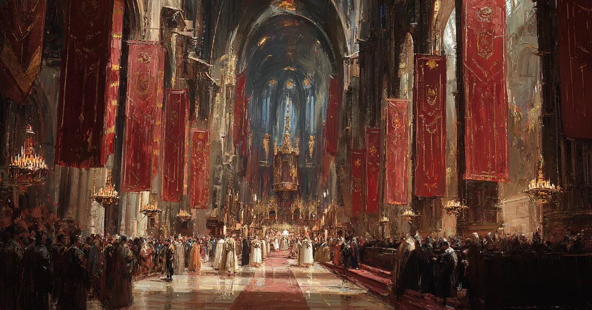 A royal court with assembled nobles under tall archways and ornate banners capturing the grandeur of King Henry VIII Act 1