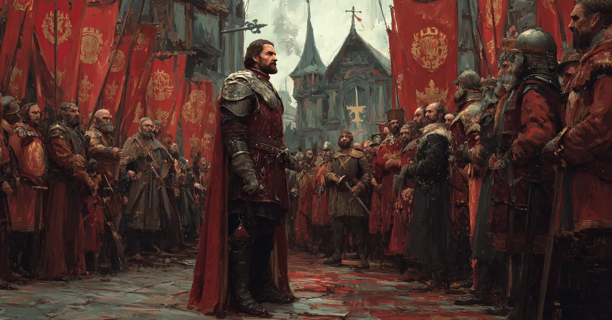 A royal court where a sharp eyed duke stands apart from the assembled nobles under heavy banners capturing the scheming mood of Richard III Act 1