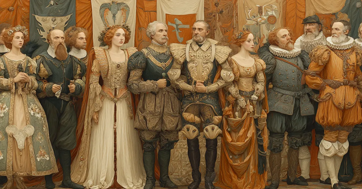 A royal court where Theseus stands before attendants under tall banners capturing the opening events of The Two Noble Kinsmen Act 1