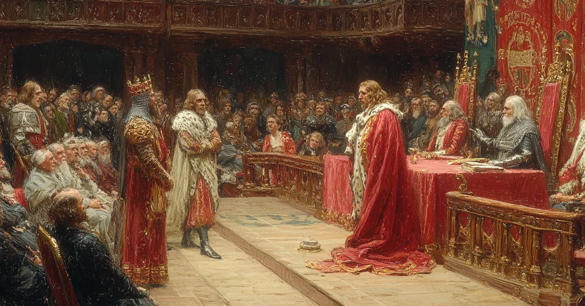 A royal courtroom where rival claimants stand before the throne while attendants watch closely introducing the dispute in King John Act 1 Scene 1