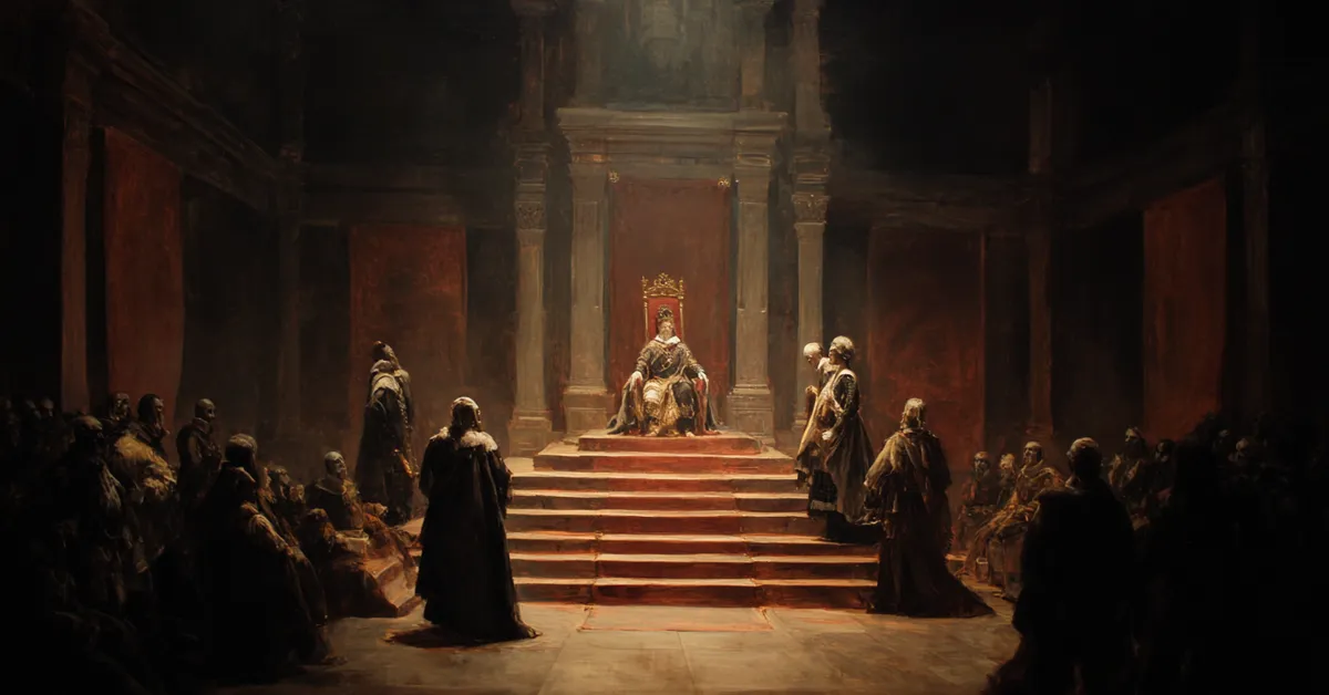 A royal courtroom where a guarded throne stands on a raised dais while courtiers wait below echoing the formal judgment in Henry IV Part 2 Act 5 Scene 4