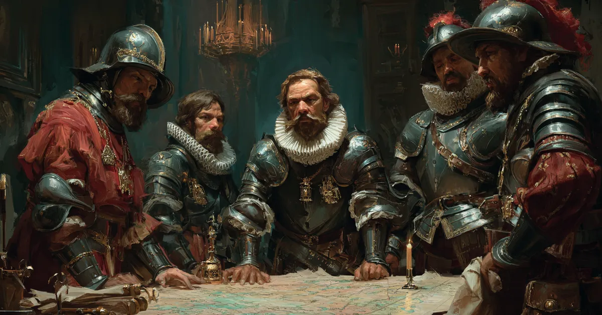 Royal guards studying a map spread across a table aligning with the political maneuvering in Hamlet Act 4 Scene 3