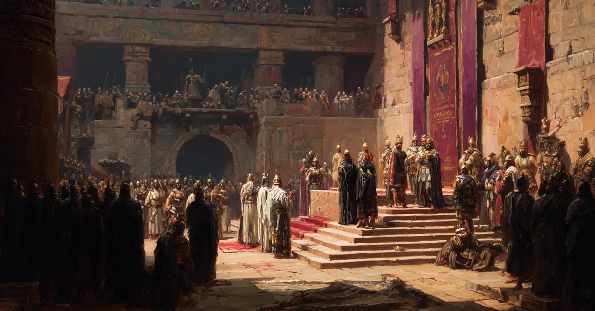 A royal hall in Antioch where nobles stand tensely before a throne capturing the dangerous riddle challenge in Pericles Prince Of Tyre Act 1