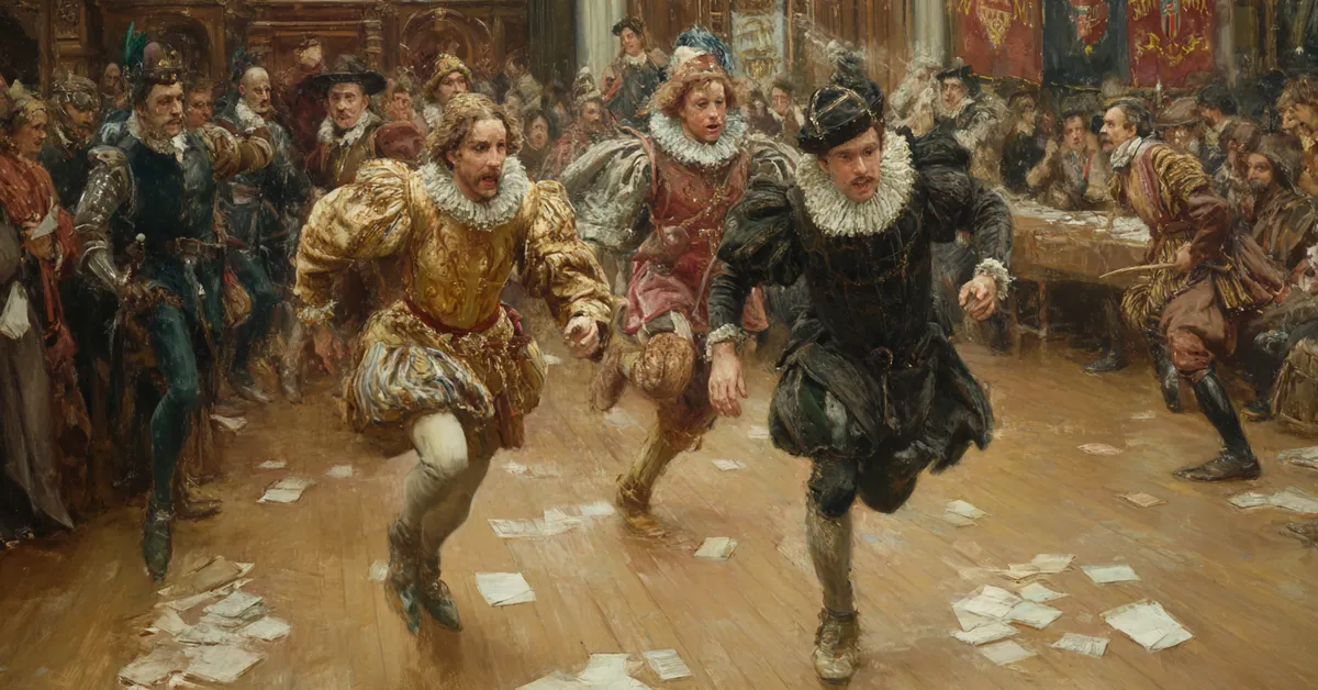 A royal hall where messengers hurry across the floor carrying letters to anxious nobles representing shifting news in King John Act 4 Scene 2