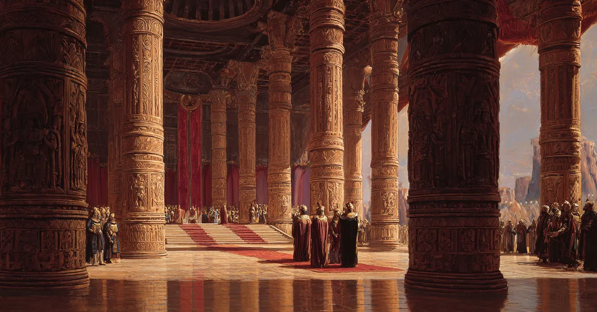 A royal hall where Trojan princes stand beneath tall carved pillars capturing the tension of Troilus and Cressida Act 1