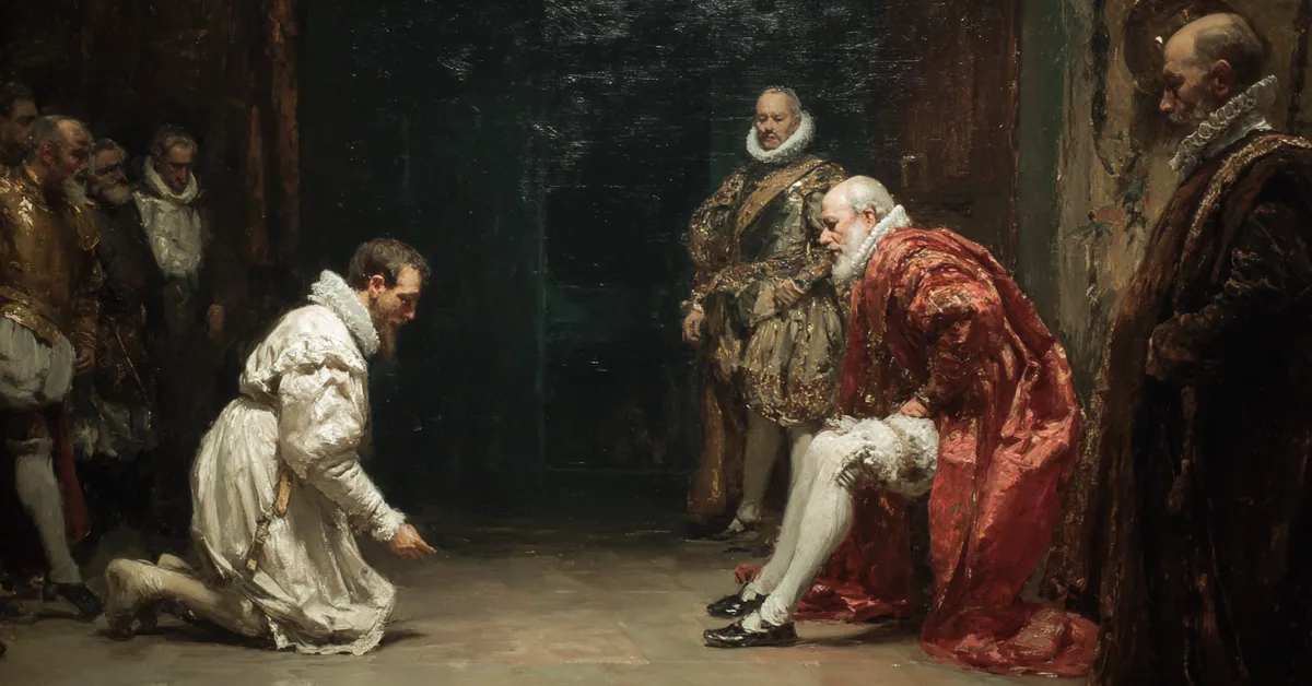 A royal messenger kneeling before a richly dressed prince in a narrow chamber while attendants watch hinting at shifting power in Henry IV Part 2 Act 4 Scene 4