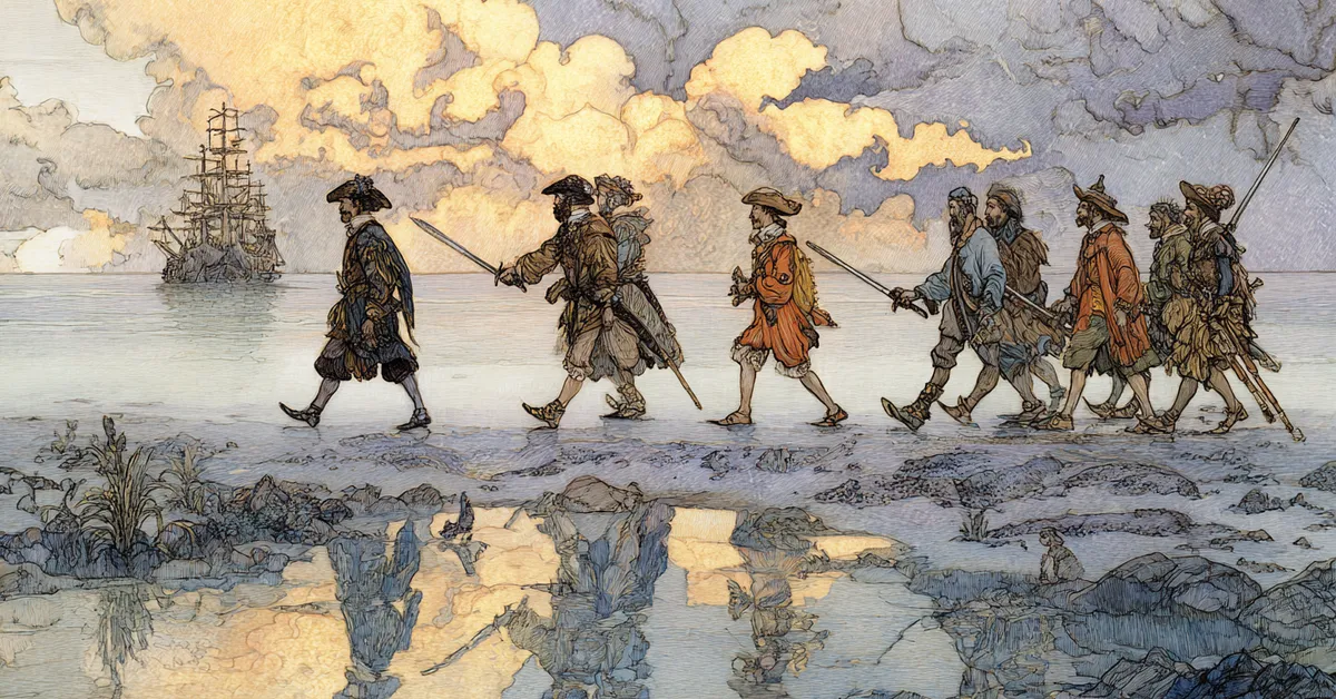 A royal party walking along a sunlit shoreline with guards nearby illustrating The Tempest Act 2 Scene 1