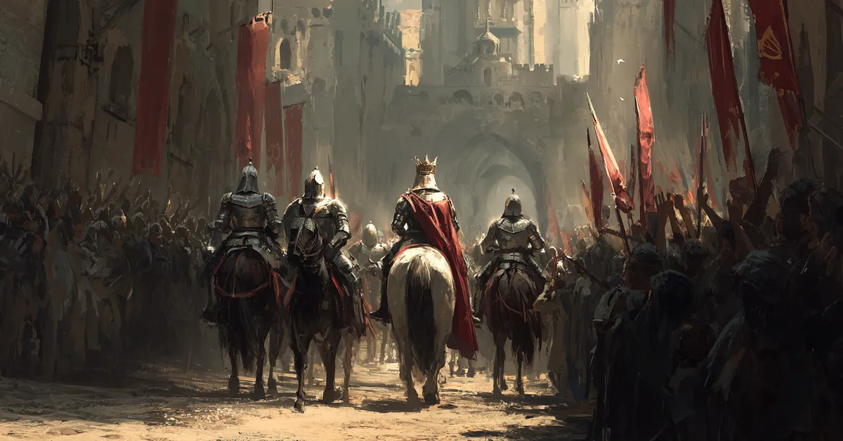 A royal procession where a young crowned king rides at the front of armored guards through a cheering crowd reflecting the accession in Henry IV Part 2 Act 5 Scene 2