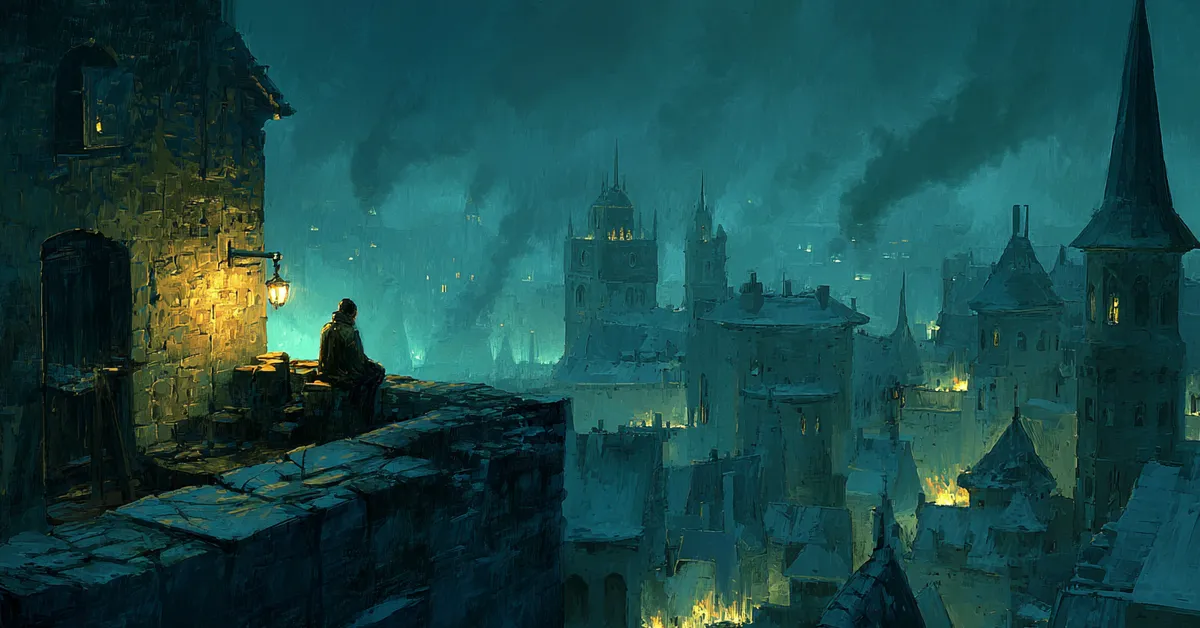 A city overlook where a lone messenger waits under torchlight showing the tension in Richard III Act 4 Scene 5