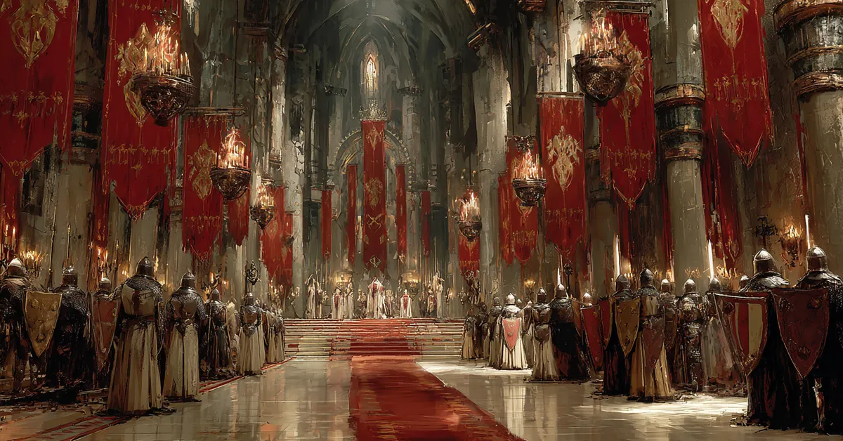 A royal throne room lined with banners and polished shields where a king stands before his attendants marking the resolution in Henry V Act 5