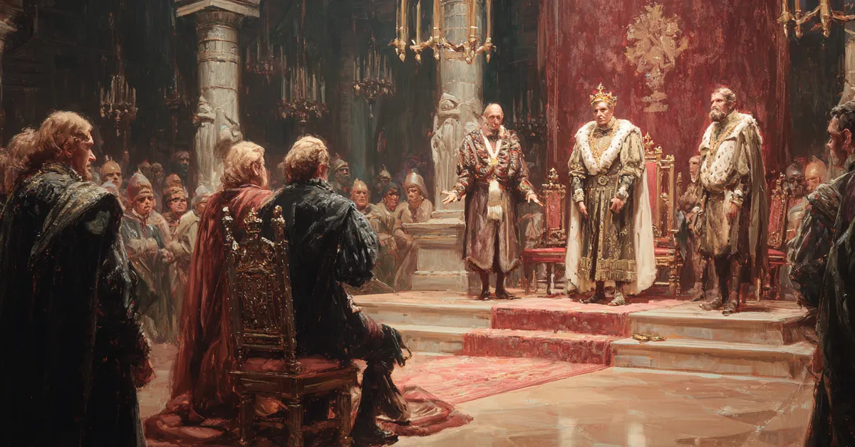 A royal throne room where courtiers stand in quiet tension reflecting the formal tone of Hamlet Act 1 Scene 2