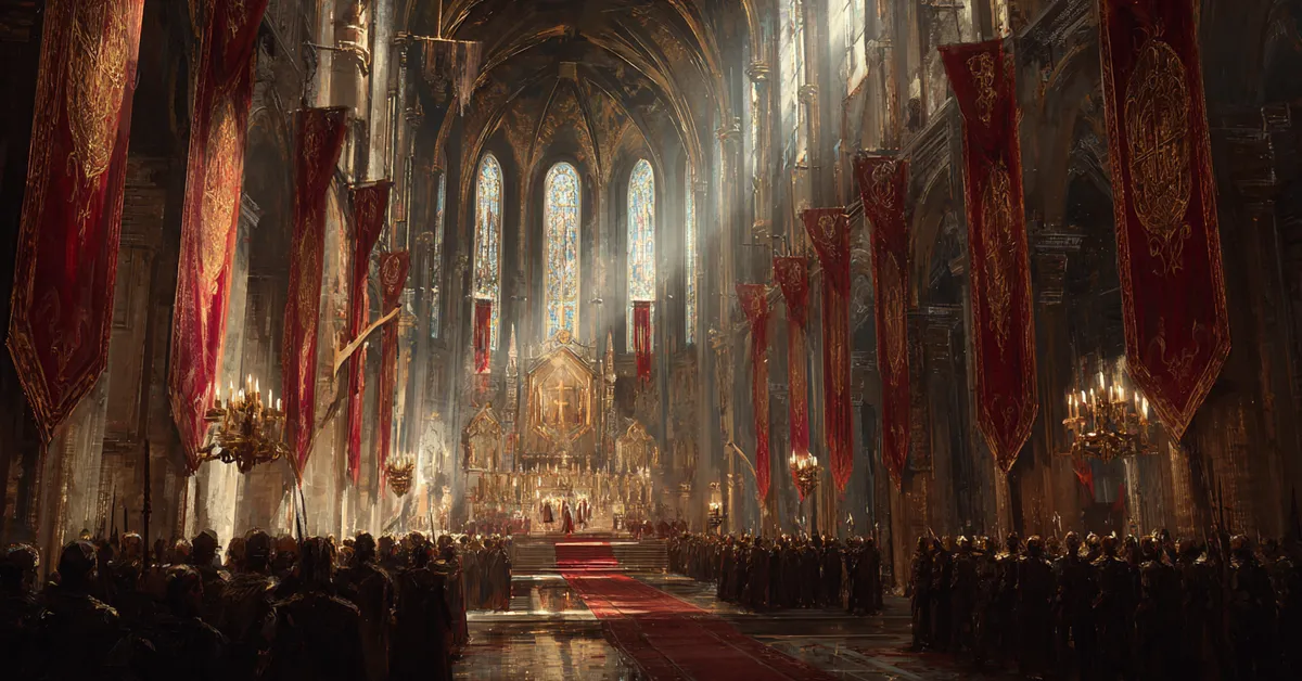 A royal throne room lined with gilded banners and tall windows establishing the regal yet fragile tone of Richard II Act 1