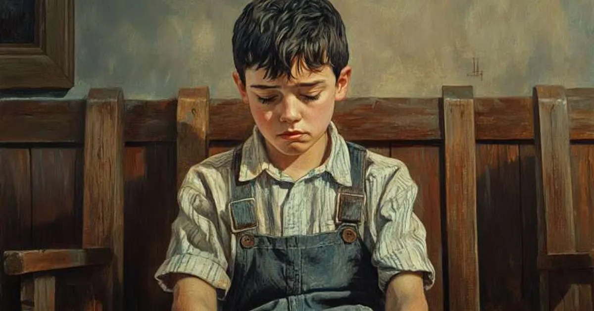A young boy sitting alone on a wooden bench looking down with a sad expression