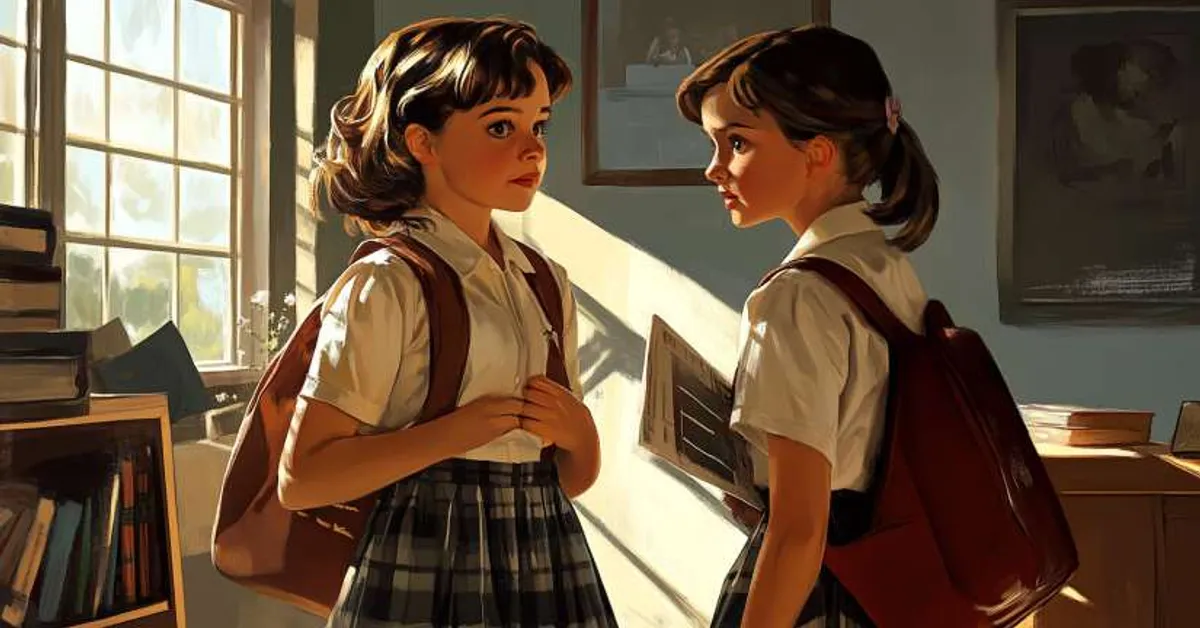 Two girls in school uniforms talking in a sunlit classroom with books and posters around them