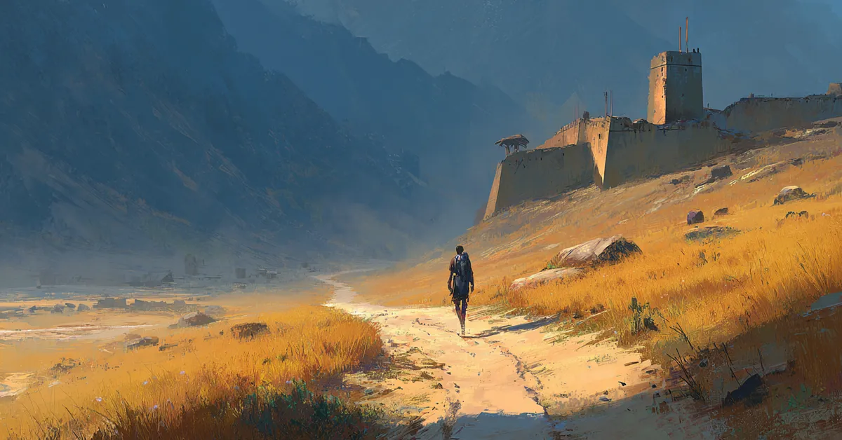 A lone scout walking along a dusty roadside near a distant fort referencing Act 4 Scene 3