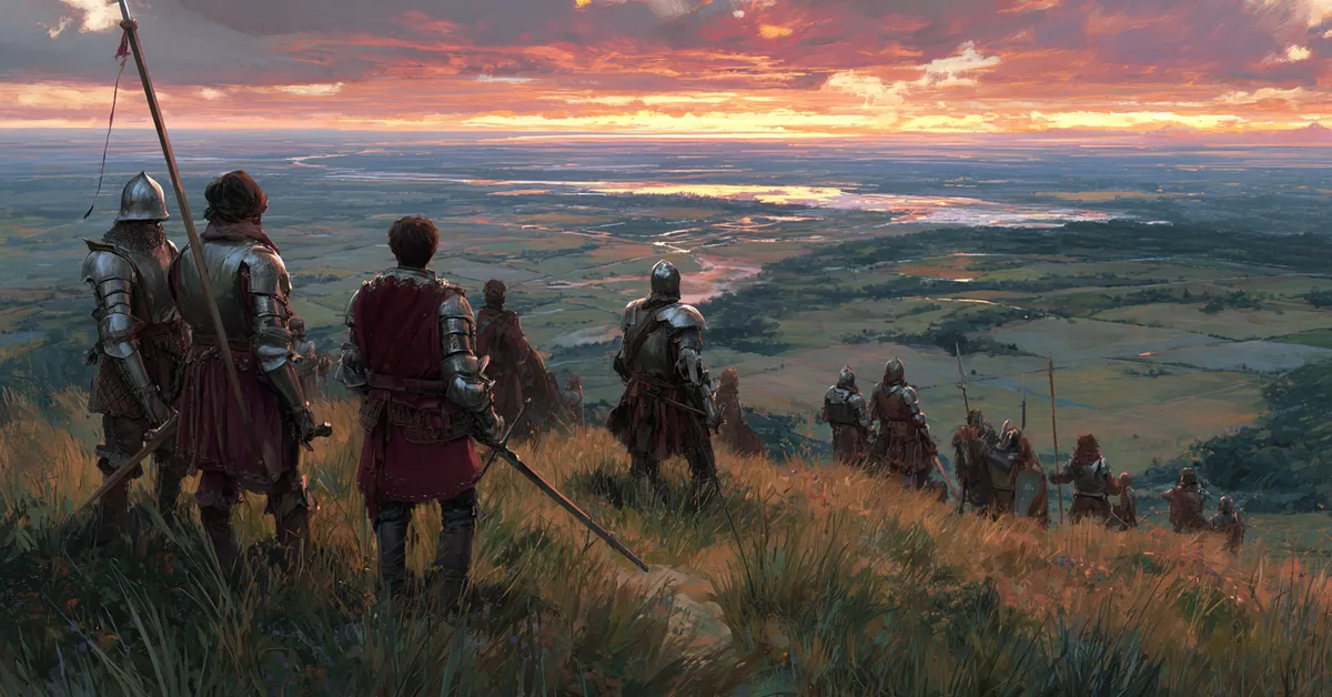 Scouts overlooking a distant battlefield from a grassy rise signaling the reconnaissance in Henry V Act 3 Scene 6