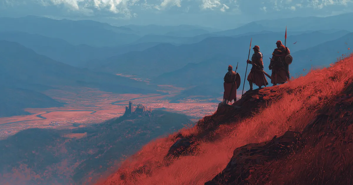 Scouts surveying a battlefield from a ridge linking to the strategy in Act 1 Scene 4