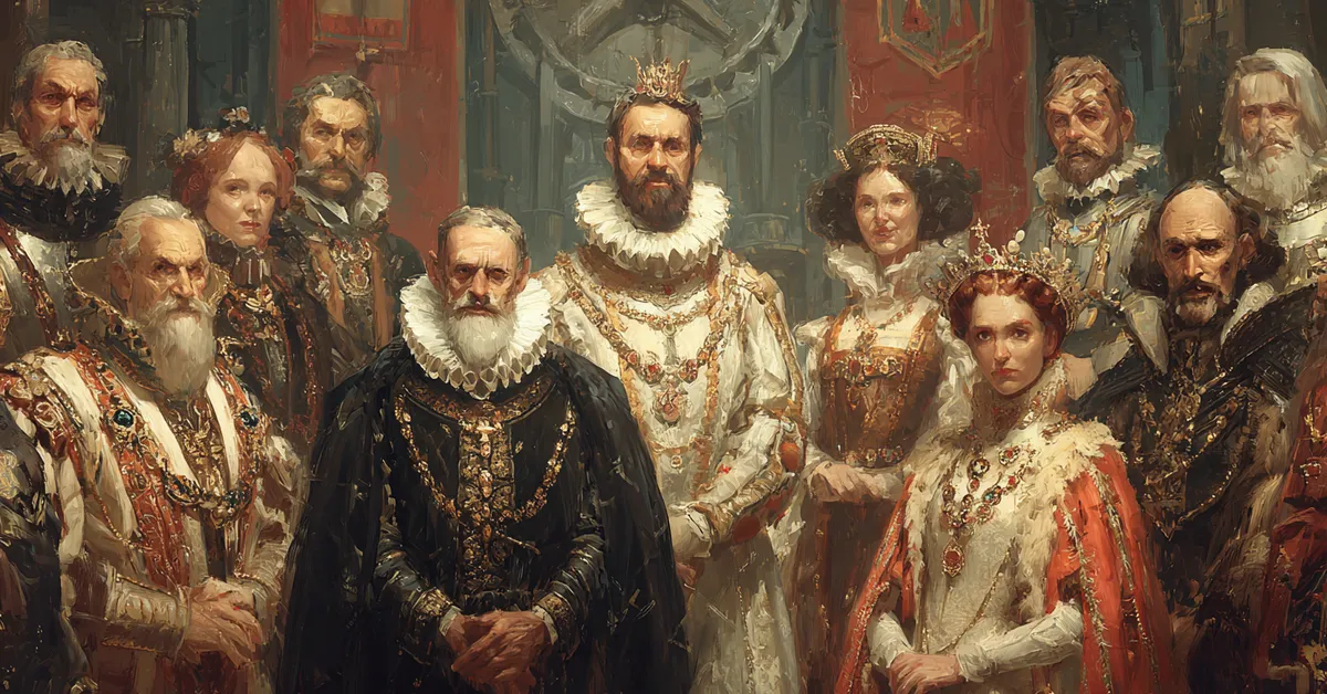 A scroll featuring portraits of major nobles and courtiers arranged for comparison aiding recognition in Richard II Character Matching