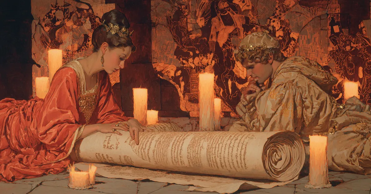 A parchment prologue scroll unrolled before candles indicating Romeo and Juliet Act 2 Prologue