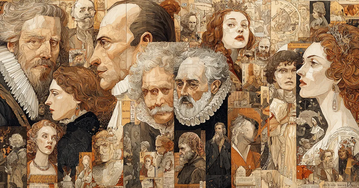 A long scroll featuring portraits of key characters arranged neatly for Romeo and Juliet character matching