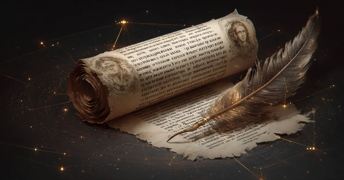 A scroll with highlighted lines and a quill referencing the quote recognition challenges in the Coriolanus quote identification quiz